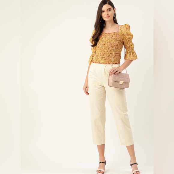 Antheaa NWOT Yellow and Pink Floral Pure Cotton Smocked Top with Puff Sleeves - Picture 1 of 7